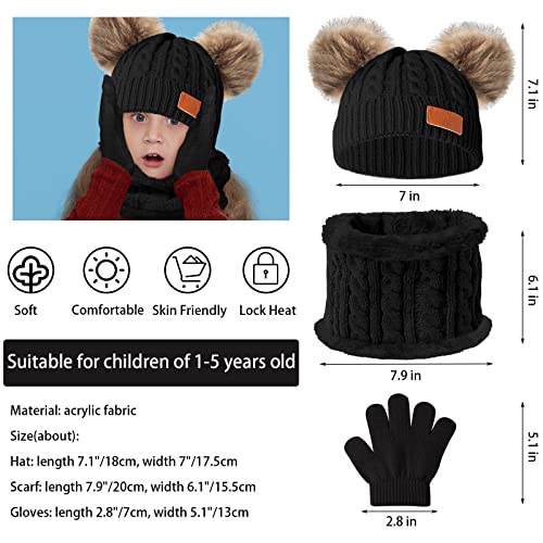 Kids Winter Beanie Hat Scarf Gloves Set,Toddlers Knit Winter Warm Double Pompom Cap Scarf Gloves for Girls Boys 1-5 Years Old - color: Black