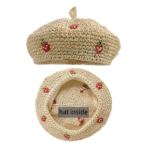 Straw Beret Summer French Beret Hats for Women Artist Crochet Beret - color: Strawberry Beige