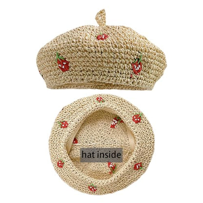 Straw Beret Summer French Beret Hats for Women Artist Crochet Beret - color: Strawberry Beige