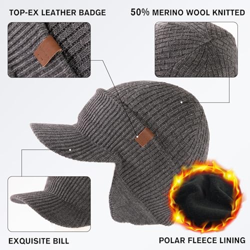 TOP-EX DryKnit™ 50% Merino Wool Waterproof Warm Brim Beanie with Ear Flaps - color: Grey (Waterproof), size: Small-Medium