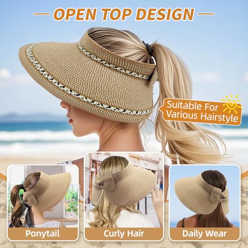 Sun Hats for Women Wide Brim Straw Sun Visors Ponytail Hat - color: Coffee Mix