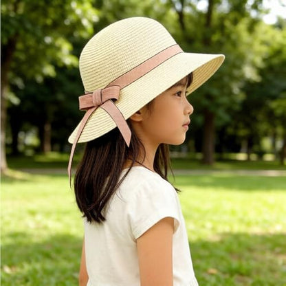 Summer Little Girl Kids Breathable Straw Hat Foldable UV Protection Bowknot Wide Brim Floppy Beach Sun Visor Hats - color: Light Yellow