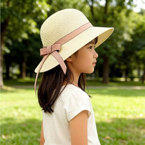 Summer Little Girl Kids Breathable Straw Hat Foldable UV Protection Bowknot Wide Brim Floppy Beach Sun Visor Hats - color: Light Yellow