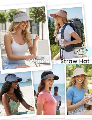 CHUNG Women Visor Sun Hat Paper Straw Wide Brim Adjutable Ponytail Packable Beach Holiday Summer Travel - color: V-light Grey
