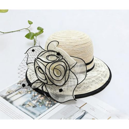 Women's Kentucky Derby Church Dress Hat Wide Brim Leaf Flower Bridal Shower Hat - color: R7 Beige,black Edge