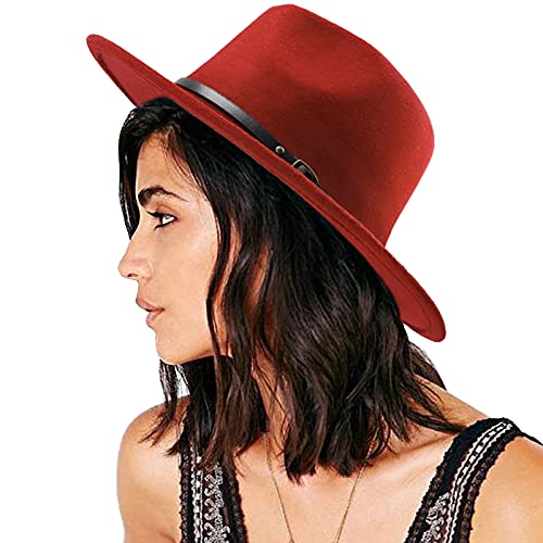 DRESHOW Women Classic Felt Fedora Wide Brim Floppy with Belt Buckle Panama Hat - color: 1 Pack: Felt Fedora Red