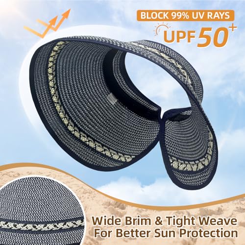 Sun Hats for Women Wide Brim Straw Sun Visors Ponytail Hat - color: Blue Mix