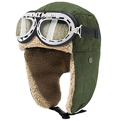Peicees Aviator Hat and Goggles Pilot Costume Set for Adult Men and Women - style: Green Hat+white Frame/Clear Lens