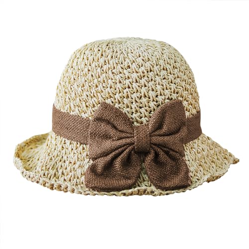Women Wide Brim Floppy Straw Hats Beach Sun Hat Summer Cap with Bowknot UV Hat Sunhats Cloche Hat Strap Adjustable - color: Beige