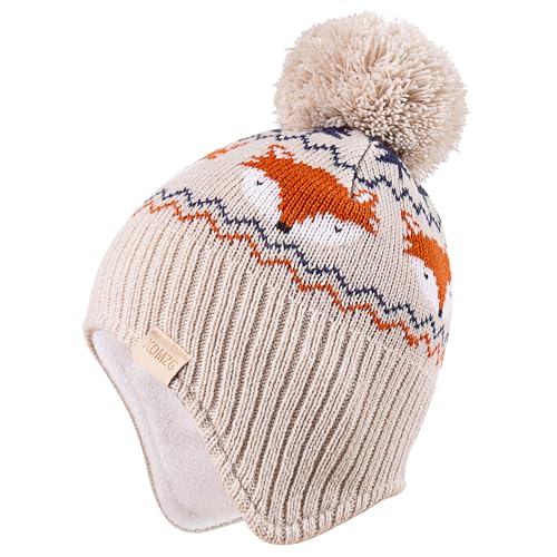 Beanie Knit Hats for Toddlers with Earflap Fleece Lined Hat Kids Warm Winter Hat Scarf Set Children's Thick Ski Cap - color: Fox(navy Blue+white+gray)