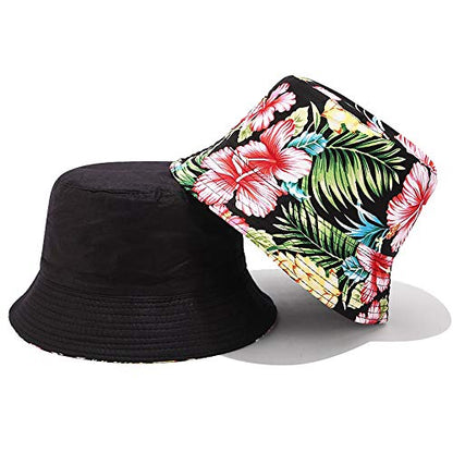 Unisex Print Double-Side-Wear Reversible Bucket Hat - color: Flower Black