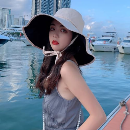 HUAMULAN Women Summer Vacation Wide Brim Sun Hat Reversible Fishing Hats - color: M0004-blackbeige