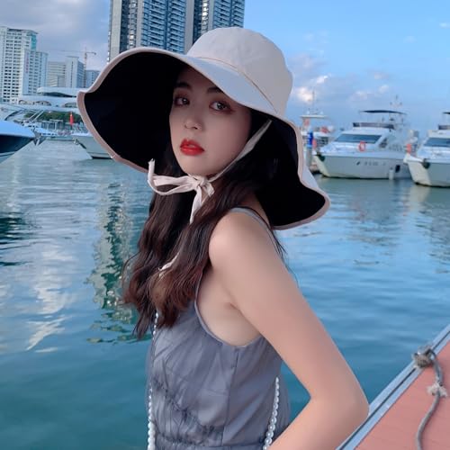 HUAMULAN Women Summer Vacation Wide Brim Sun Hat Reversible Fishing Hats - color: M0004-blackbeige