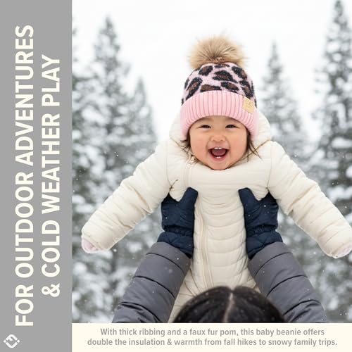 Funky Junque Baby Pom Pom Beanie – Soft Knit Infant Winter Hat for Baby Girls & Boys, Cozy Warm Newborn Beanie 0–12 Months - color: Leopard - Baby Pink