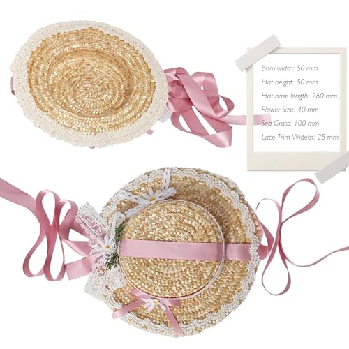 Victorian Tea Party Sun Hat, Wide Brim Straw Flat Cap - color: Pink