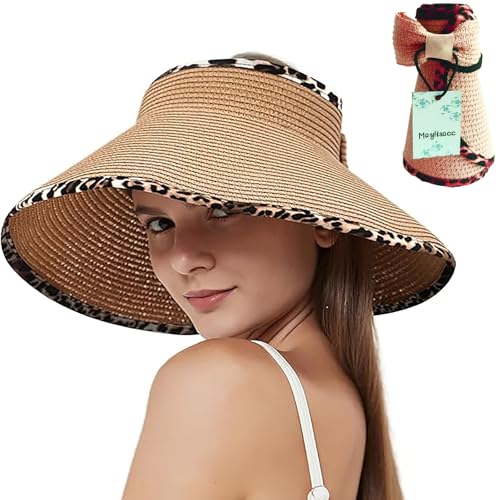 MAYLISACC Foldable Straw Sun Visors for Women, Sun Protecetion Wide Brim Sun Hats Adjustable Topless Beach Hat - color: Khaki Leopard Trim
