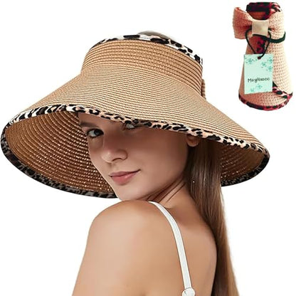 MAYLISACC Foldable Straw Sun Visors for Women, Sun Protecetion Wide Brim Sun Hats Adjustable Topless Beach Hat - color: Khaki Leopard Trim