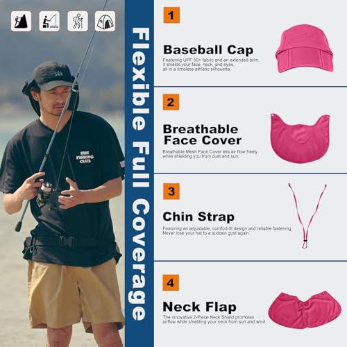 Surblue Baseball Sun Cap with Removable Neck Flap and Face Mask UPF 50+ - color: Rosered, size: Small