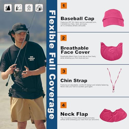 Surblue Baseball Sun Cap with Removable Neck Flap and Face Mask UPF 50+ - color: Rosered, size: Medium