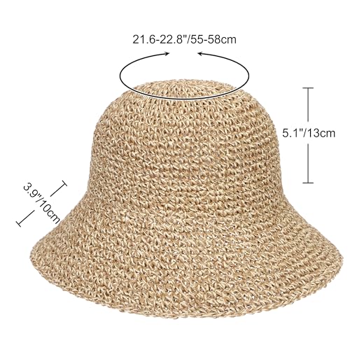 Womens Sun Hat Handmade Crochet Straw Bucket for Summer Foldable Travel Cap - color: Beige & Coffee