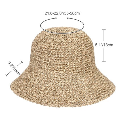 Womens Sun Hat Handmade Crochet Straw Bucket for Summer Foldable Travel Cap - color: Beige & Coffee