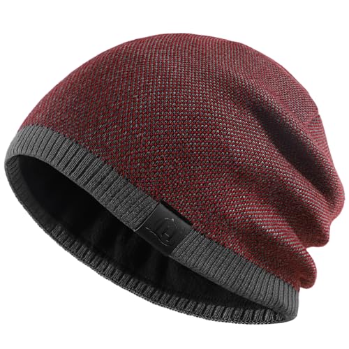 Fleece Lined Mens Beanie Scarf Set Thick Knit Winter Hat Neck Warmer Unisex - color: Wine Red