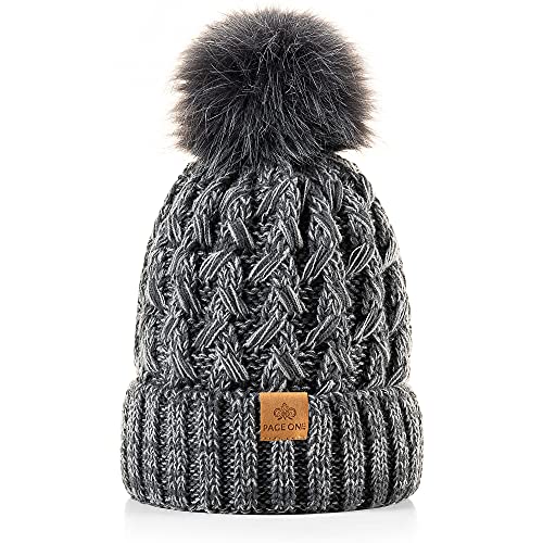 PAGE ONE Womens Winter Ribbed Beanie Crossed Cap Chunky Cable Knit Pompom Soft Warm Hat - color: Mixed Dark Grey