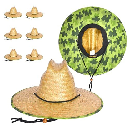 6 Pack Straw Hats – Bulk Wide Brim Lifeguard Sun Hats for Men & Women with Adjustable Chin Strap - color: Natural Straw With Camo Lining