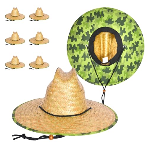 6 Pack Straw Hats – Bulk Wide Brim Lifeguard Sun Hats for Men & Women with Adjustable Chin Strap - color: Natural Straw With Camo Lining