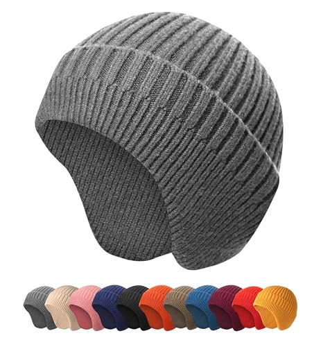 HiRui Knitted Beanie Hats Winter Hats Ear Covers for Men Women Kids Warm Slouchy - color: Gray