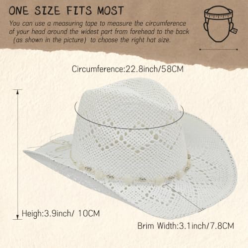 Straw Cowboy Hat for Women, Cowgirl Hat Wide Brim Western Cowboy Hat - color: Pearl White