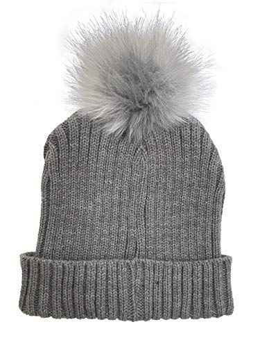 Women's Slouchy Winter Beanie Hat with Removable Faux Fur Pom - color: Light Grey/Light Grey Pom