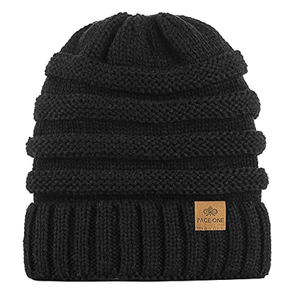 Womens Winter Beanie Warm Knit Hat Cable Stretch Trendy Ribbed Chunky Cap - color: Black