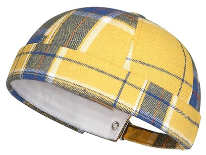 DIYDECAL Striped Plaid Brimless Worker Cap,Retro Skullcap Docker Hat for Men Womens - color: Yellow