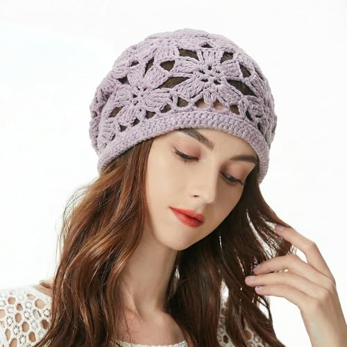 ZLYC Women Cotton Crochet Slouchy Beanie Hat Handmade Knit Summer Skull Cap - color: Crochet Purple
