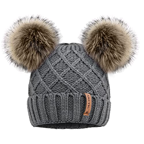 Arctic Paw Womens Winter Hat Cable Knit Beanie for Women Faux Fur Pompom Ears - color: Grey_grid