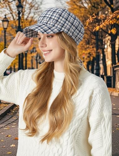 FEOYA Women Newsboy Hat Plaid Cabbie Caps Cotton Casual Stylish Beret Cap Paperboy Hats - color: Plaid-white