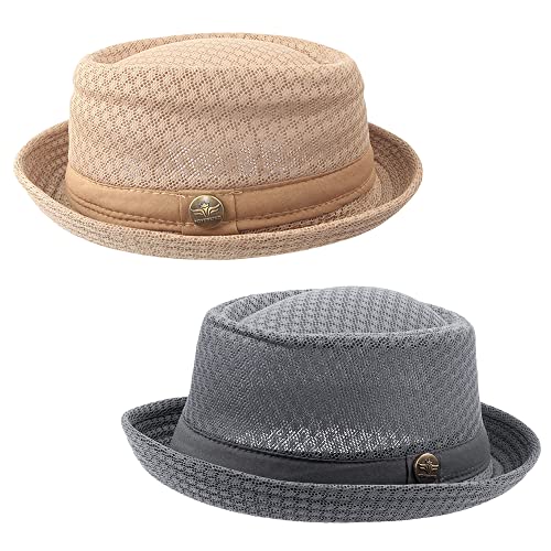 Summer Mesh Pork Pie Hat,Men Women Straw Fedora Cap,Lightweight Bowler Cap - color: Khaki+grey