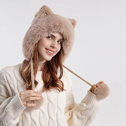 Fluffy Knit Beanie Hats for Women Winter Warm Fleece Lining Skull Cap Plush Faux Fur Pompom Earflaps Snow Hats - color: Beige - B