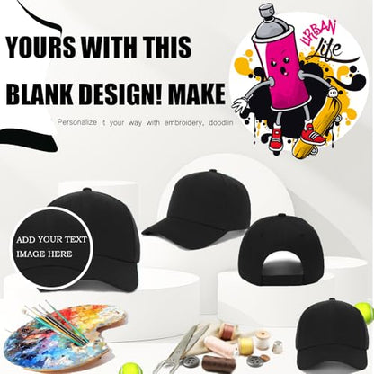 ZH Plain Adjustable Baseball Cap - Lot of 12 Unisex Blank Design Caps - color: Black