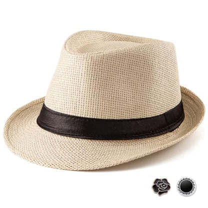 XL Straw Fedora Hats for Men Summer Trilby Beach Travel Panama Casual 7 1/2 - color: 001 Beige