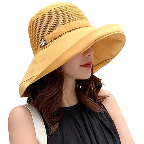 Women Wide Brim Sun Hats Metal Wired Edge Summer UV Protection Beach Fishing Hat for Hiking Garden Travel Chin Strap - color: B5-fyu001-yellow, size: One Size