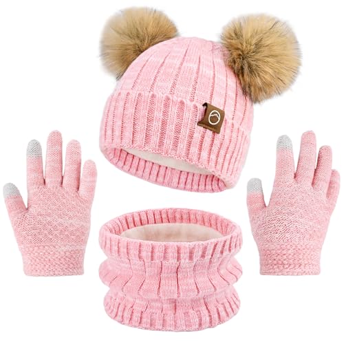 Kids Winter Hat Gloves Scarf Set Girls, Children Beanies Hats with Pom Pom - color: Pink Mix