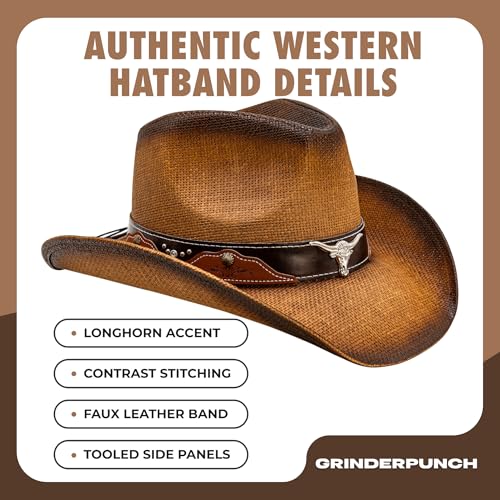 grinderPUNCH Straw Cowboy Hat for Men Women Western Cowgirl Outback Sun Hat - color: Burnished Pecan
