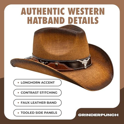 grinderPUNCH Straw Cowboy Hat for Men Women Western Cowgirl Outback Sun Hat - color: Burnished Pecan