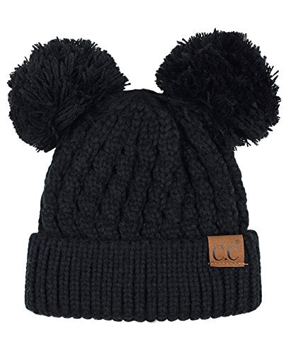 C.C 2 Ear Pom Pom Cable Knit Soft Stretch Cuff Skully Beanie Hat - color: Black