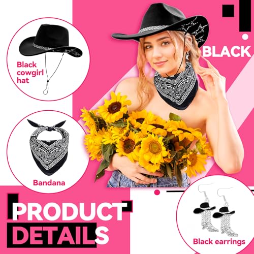 SHENYI Cowgirl Hat and Bandana and Heart Sunglasses Glitter Rhinestone Star Cowboy Hat Western Sparkly Hats for Women Men - color: Cowgirl Black