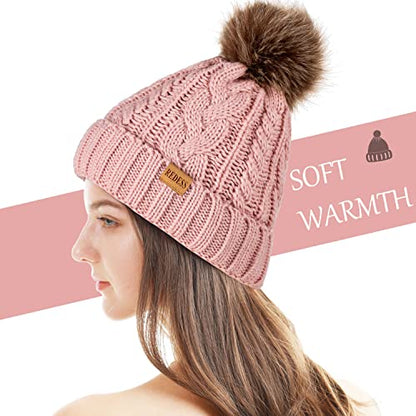 REDESS Women Winter Pompom Beanie Hat with Warm Fleece Lined Thick Slouchy Snow Knit Hat Skull Ski Cap - color: Dark Pink