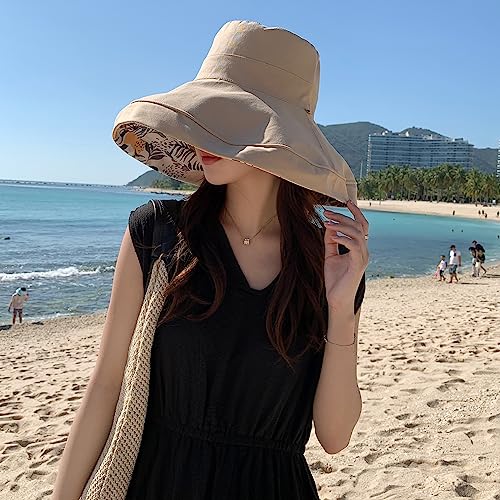 HUAMULAN Women Summer Vacation Wide Brim Sun Hat Reversible Fishing Hats - color: Khaki