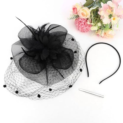 Semato Fascinators Hats for Women Mesh Feathers Elegant Black Tea Party Kentucky Hat Derby Headband with Hair Clip - color: Black
